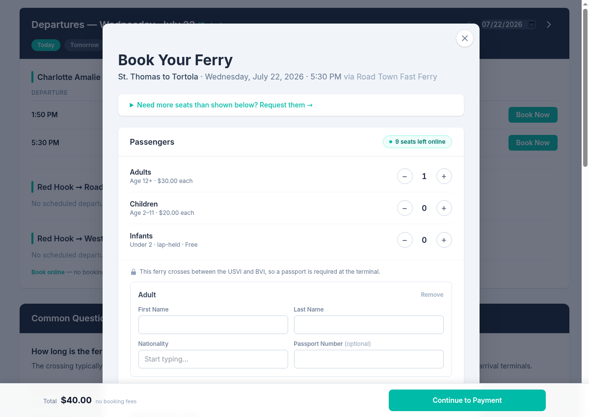 Booking form with passenger details