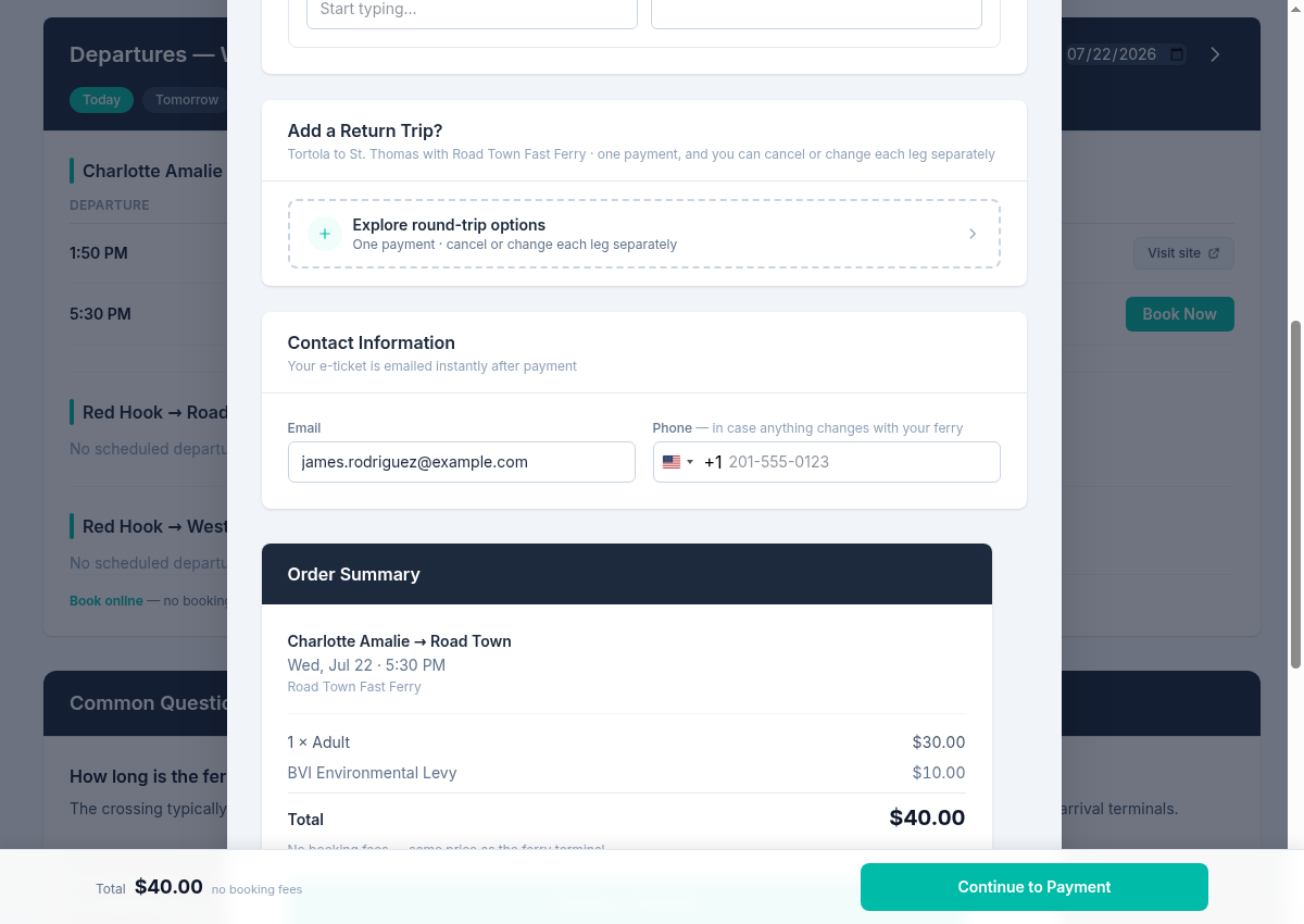 Order summary with itemized fares and no booking fees