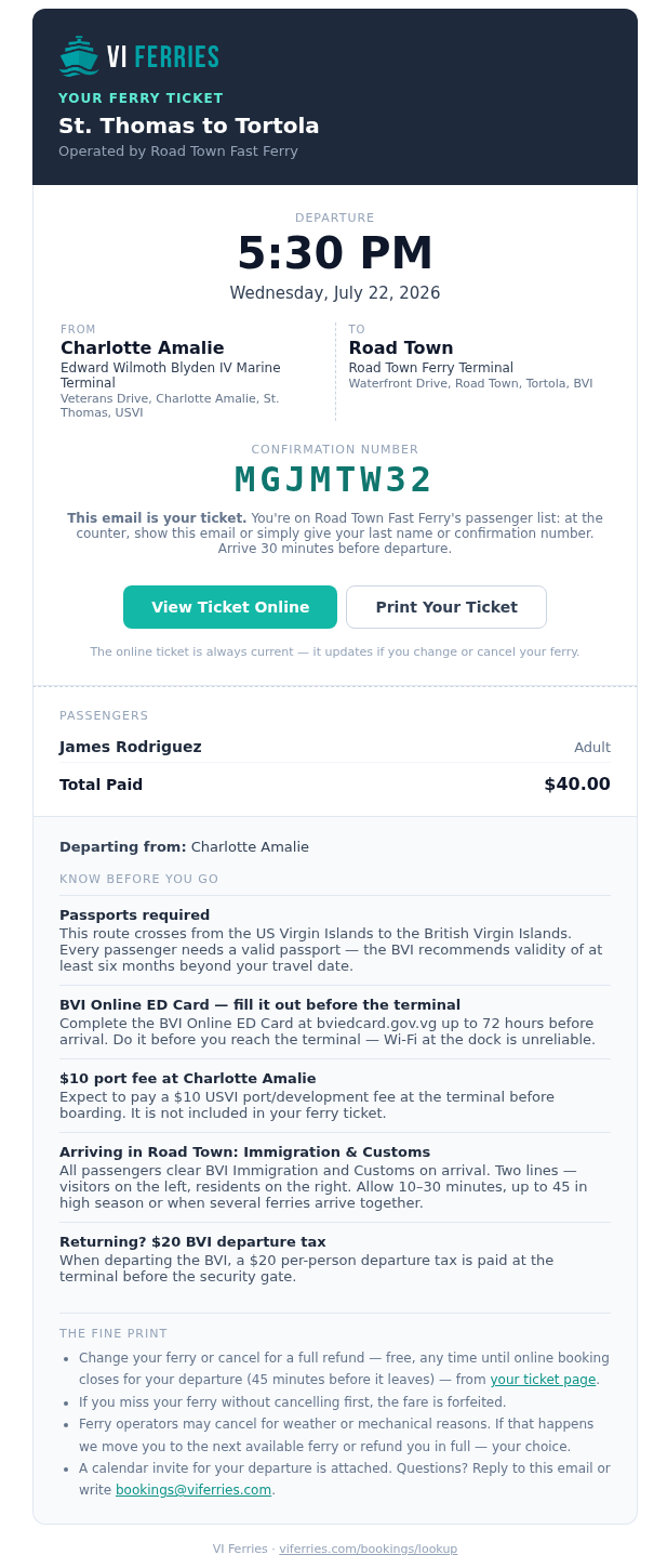 Branded ferry ticket email with your operator name